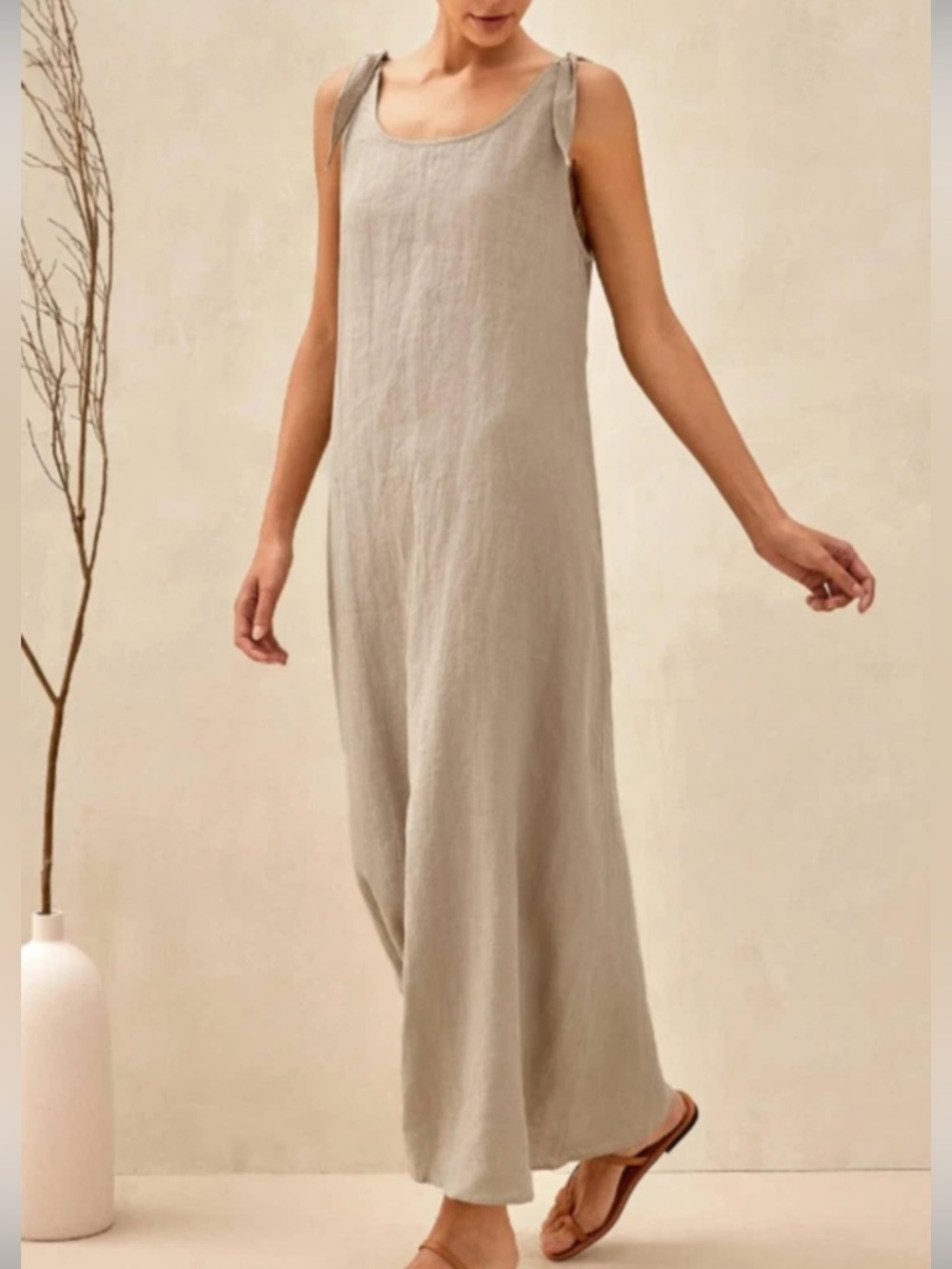 LINTICO 100% Linen Camisole Dress QEARL XL Beach Boho Coastal Minimalist Tan - Picture 2 of 15